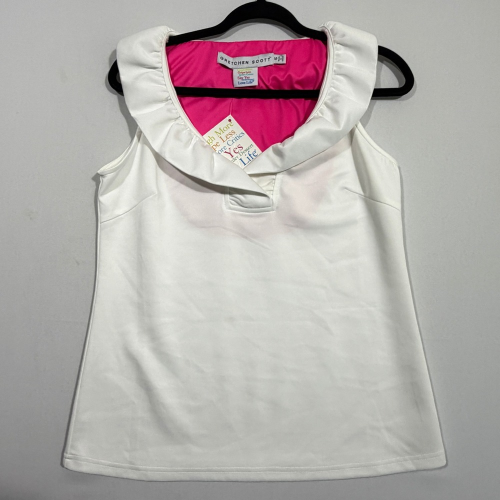 Gretchen Scott Ruffneck Top Women's S White Pink Ruffle Collar Sleeveless Preppy